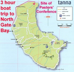 Map of Tanna showing the route of the three hour boat trip to the North Gate Bay